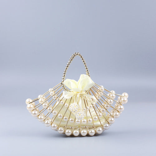 Pearl Hollow Copper Tube Beaded Fan Shape Ladies Dinner Clutch Hand Braided Bag Niche High Quality Handbag