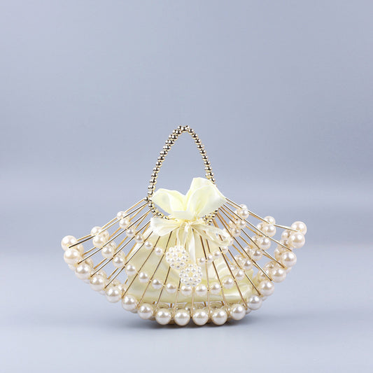 Pearl Hollow Copper Tube Beaded Fan Shape Ladies Dinner Clutch Hand Braided Bag Niche High Quality Handbag