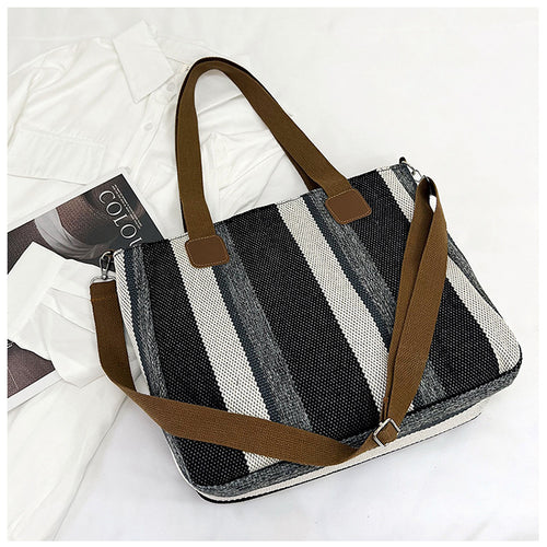 New Fashion Women’s Tote Bag Ladies Shoulder Crossbody Large Capacity Canvas Stripe Tote Bag