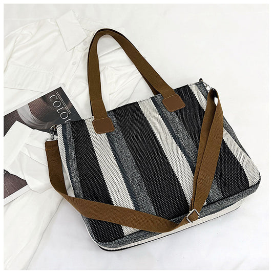 New Fashion Women’s Tote Bag Ladies Shoulder Crossbody Large Capacity Canvas Stripe Tote Bag
