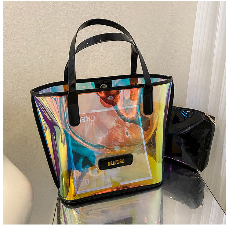 Fashion PVC Shoulder Tote Bag with Inner Pouch Funky Holographic Beach Bag Letter Patch Decor PVC Clear Bag