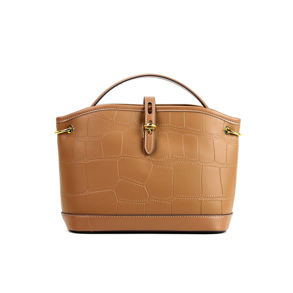 Designer Crocodile Pattern Cowhide Leather Bucket Tote Bag With Long Strap
