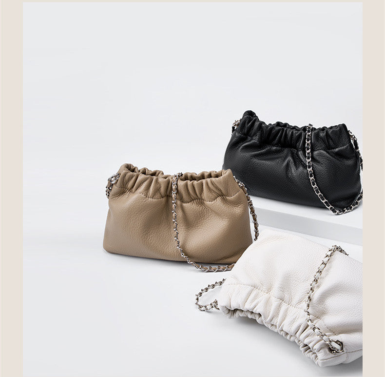 2026 real cowhide leather cloud pleated bag shoulder luxury designer lady fashion crossbody all-match chains Handbags