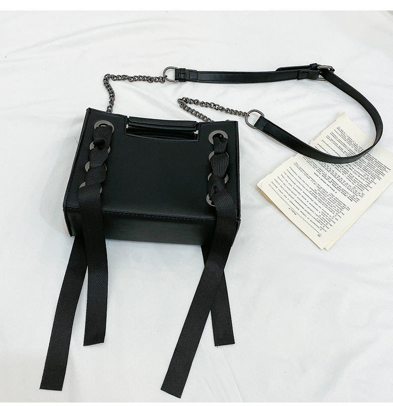 Vintage Black Ribbon Large Tote  Handbags Drawstring Satin Crossbody Bags Chain Shoulder Bags