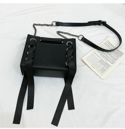 Vintage Black Ribbon Large Tote  Handbags Drawstring Satin Crossbody Bags Chain Shoulder Bags