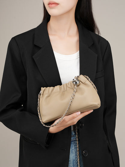 2026 real cowhide leather cloud pleated bag shoulder luxury designer lady fashion crossbody all-match chains Handbags