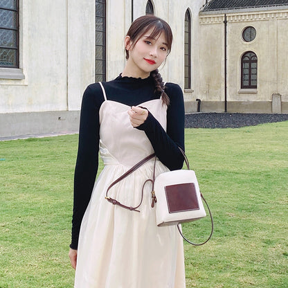 Women Canvas Leather Hit Color Casual Bucket Shoulder Bag Female New Large-capacity Tote Bag Office Ladies Handbags