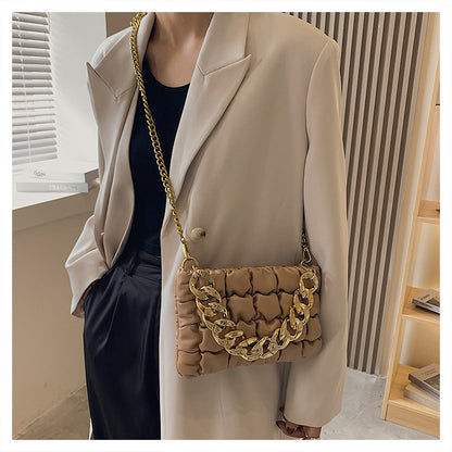 The 2026 new fashionable personality simple bag wrinkled shouldered woman bag stylish texture oblique cross-checkered bag