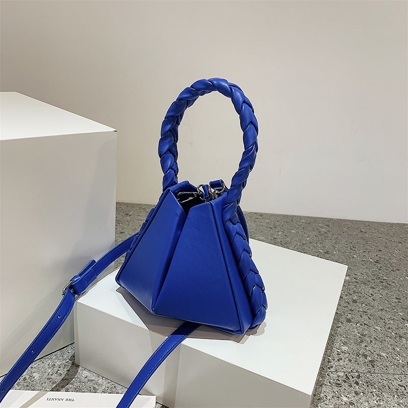 Triangle Bucket Handbags Women Clutch Purse Lady  PU Leather Shoulder Bags With Weaving Handle tas wanita