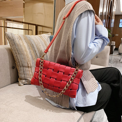 PU Leather Woven Handbag Purse Thick Gold Chain Ladies Crossbody Messenger Bag Chic Square Braid Shoulder Bags
