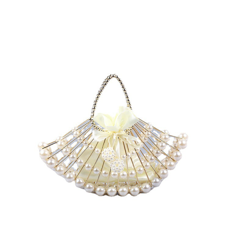 Pearl Hollow Copper Tube Beaded Fan Shape Ladies Dinner Clutch Hand Braided Bag Niche High Quality Handbag