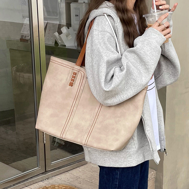 New Fashion Simple Tote Bag Retro Large Capacity Portable Soft Faux Leather Tote Shoulder Bag for Women