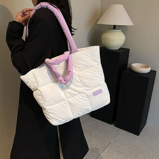 Fashion Quilted Puffy Handbag Lightweight Winter Padded Nylon Down Cotton Shoulder Bag Puffer Tote Bag for Women
