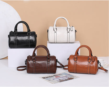 Oil Wax Cowhide Handbag 2026 New Trendy Womens Crossbody Handbag Boston Pillow Bag Genuine Leather Handbag