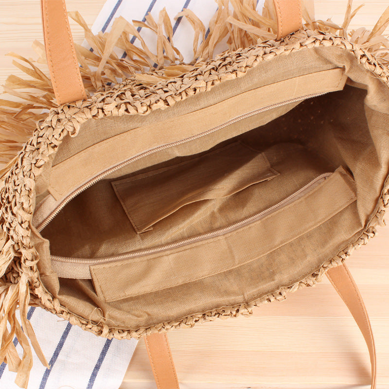 New half-round tassel shoulder straw bag fashion woven beach bag