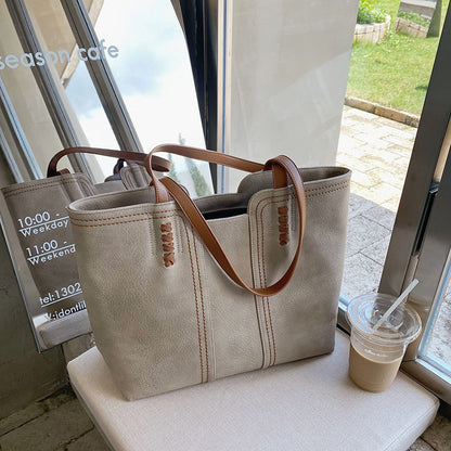 New Fashion Simple Tote Bag Retro Large Capacity Portable Soft Faux Leather Tote Shoulder Bag for Women