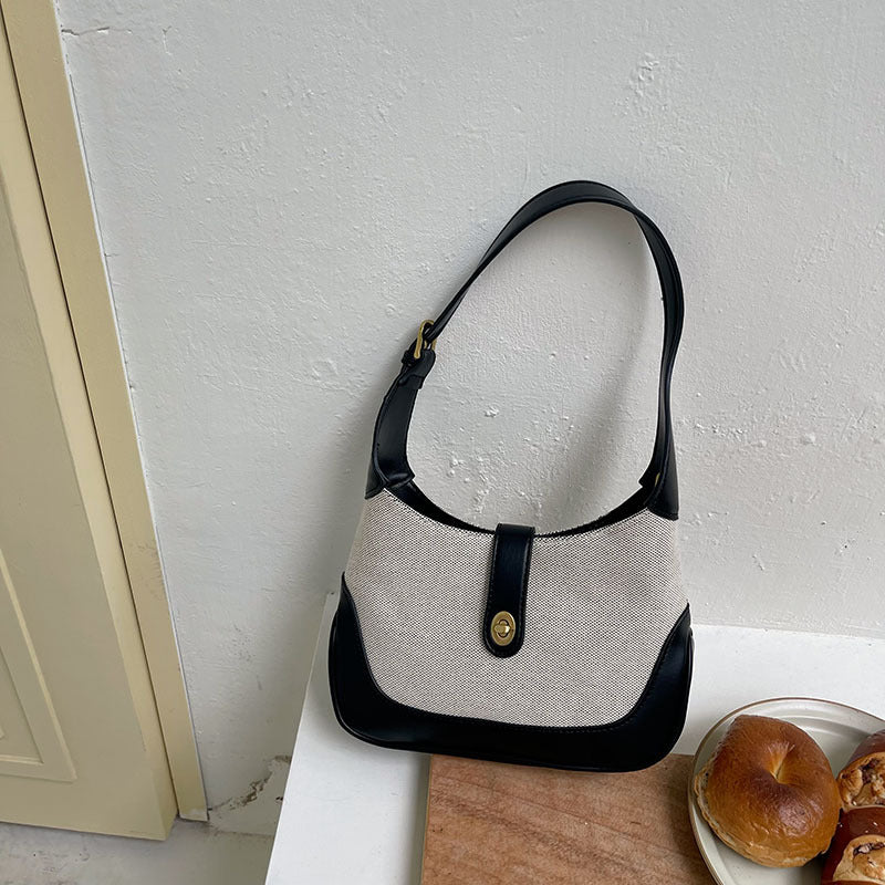 2026 new bag retro French canvas patchwork shoulder bag color bump handbag