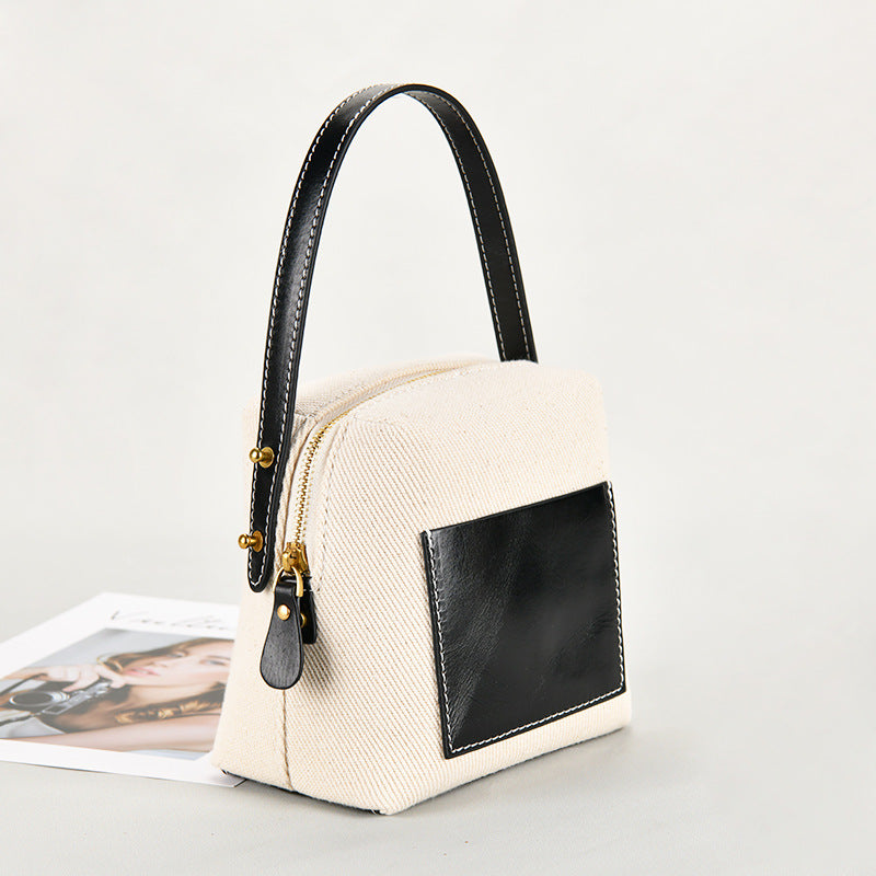 Women Canvas Leather Hit Color Casual Bucket Shoulder Bag Female New Large-capacity Tote Bag Office Ladies Handbags