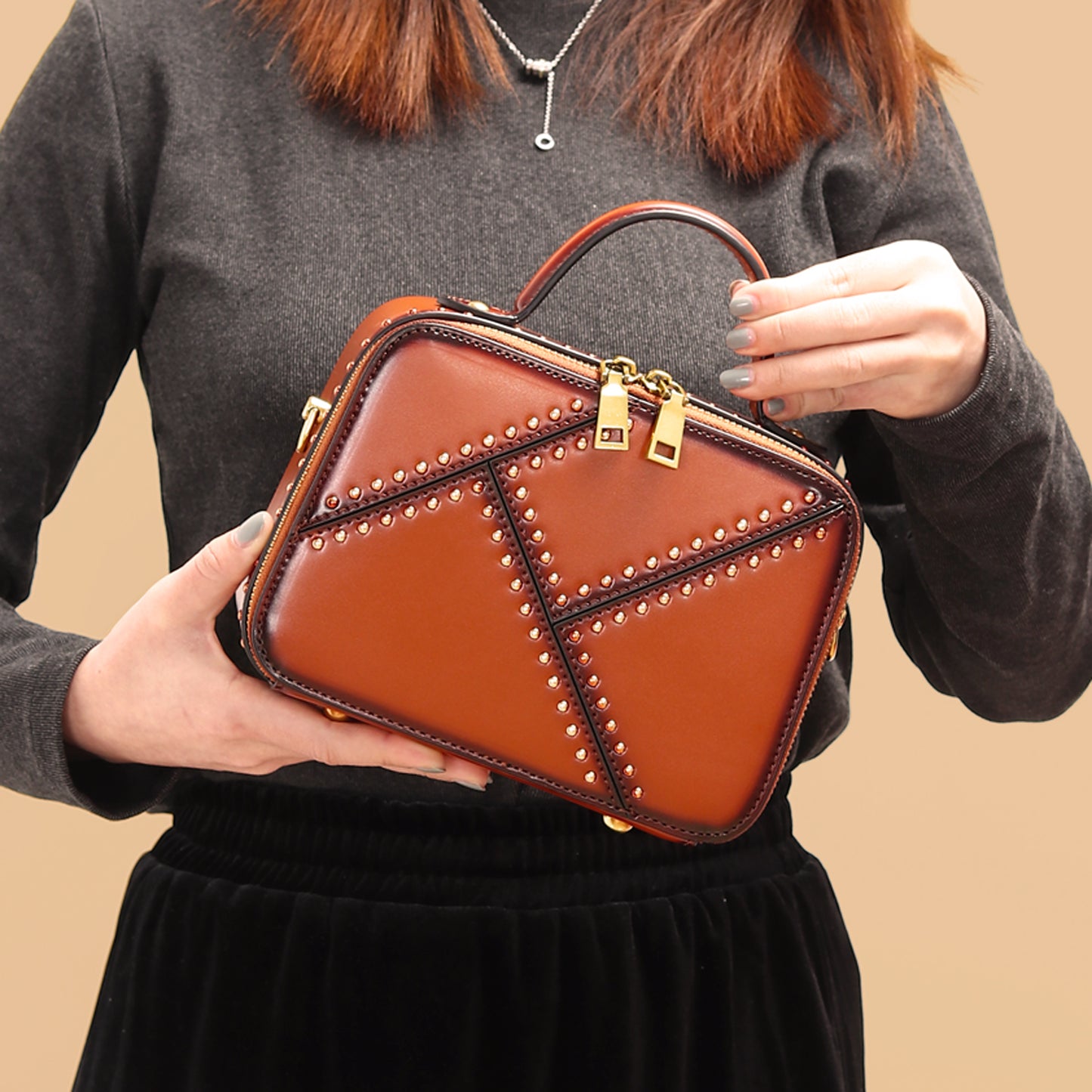 Rivet Crossbody Zipper Clutch Crossbody Bags Leather Shoulder Geunine Leather