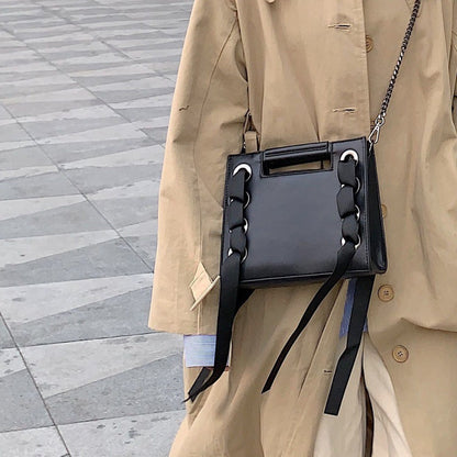 Vintage Black Ribbon Large Tote  Handbags Drawstring Satin Crossbody Bags Chain Shoulder Bags