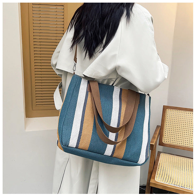 New Fashion Women’s Tote Bag Ladies Shoulder Crossbody Large Capacity Canvas Stripe Tote Bag