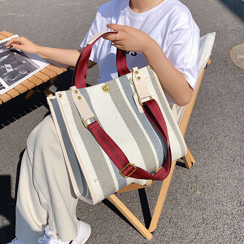 2026 New Vintage Tote Bag Tidal Canvas Stripe Student Shoulder Crossbody Tote Bag