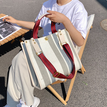 2026 New Vintage Tote Bag Tidal Canvas Stripe Student Shoulder Crossbody Tote Bag