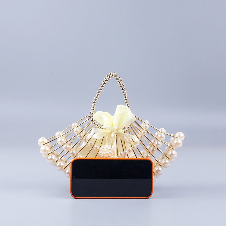 Pearl Hollow Copper Tube Beaded Fan Shape Ladies Dinner Clutch Hand Braided Bag Niche High Quality Handbag