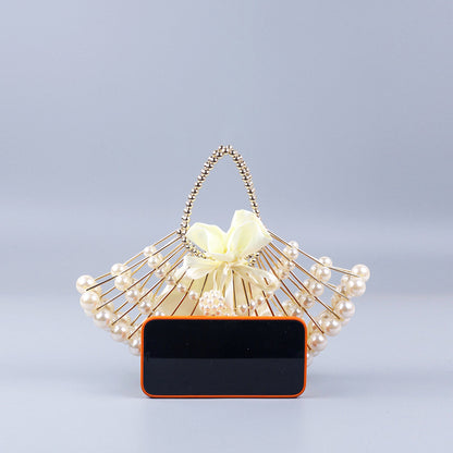 Pearl Hollow Copper Tube Beaded Fan Shape Ladies Dinner Clutch Hand Braided Bag Niche High Quality Handbag