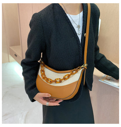 Canvas plus PU Shoulder Bag Underarm Messenger Bag PU Leather Ladies With Acrylic Chain
