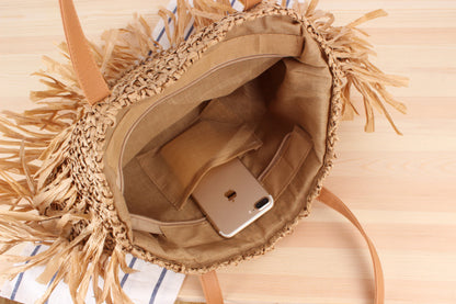 New half-round tassel shoulder straw bag fashion woven beach bag