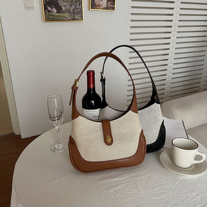 2026 new bag retro French canvas patchwork shoulder bag color bump handbag